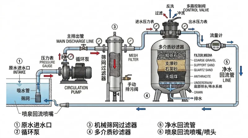 喷泉水循环物理过滤系统结构图