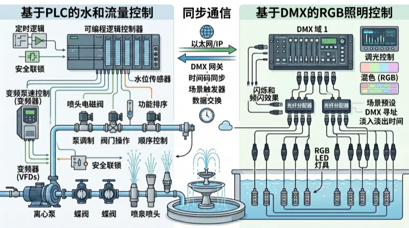 PLC和DMX在喷泉项目中的分工结构图