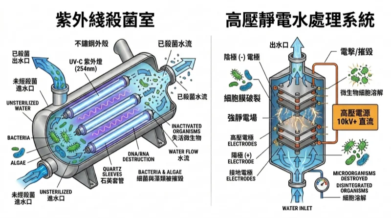 喷泉紫外线与高压静电杀菌技术示意图