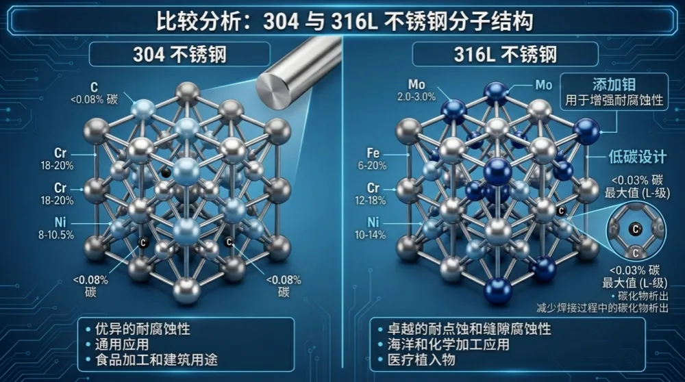 316L与304不锈钢化学成分差异示意图