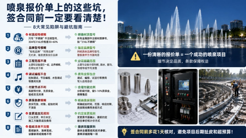 喷泉关键设备品牌指定与材质规格审核要点
