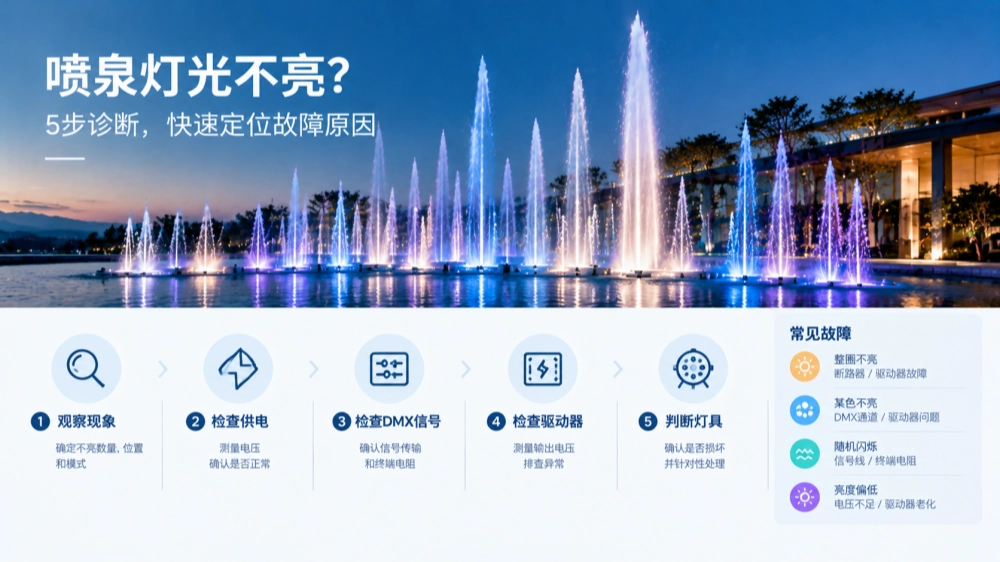 喷泉灯光有几盏不亮，是换灯具还是查线路？故障诊断指南